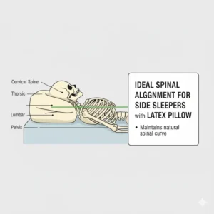 Anatomy graphic showing ideal spinal alignment achieved by a best latex pillow for side sleepers, preventing neck and back pain. 