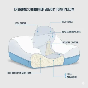 A close-up illustration of a contoured memory foam pillow designed to provide ergonomic support for back sleepers.