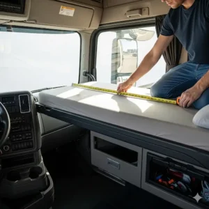 A person using a tape measure to correctly measure the width and length of a sleeper cab bunk to determine the right semi truck mattress size. 