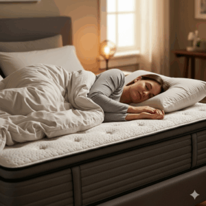 A person peacefully sleeping on a comfortable 54x75 mattress, demonstrating the ample space and support.