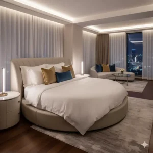 An elegant hotel suite featuring a plush round mattresses with decorative throw pillows, showcasing its use in high-end, contemporary interior design. 