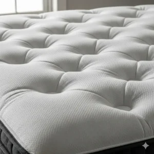 "A close-up of the plush top of a short king mattress, emphasizing its comfort and quality."