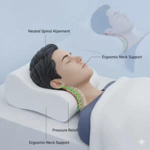 Diagram illustrating how a high-quality best memory foam pillow for neck pain helps maintain ideal spinal alignment to reduce neck discomfort. 