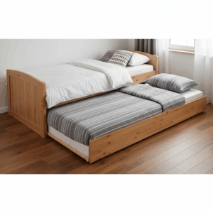 A photo of a twin trundle bed with both mattresses in use, demonstrating how the right trundle bed mattress size fits neatly beneath the main bed.