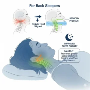 A diagram highlighting the benefits of a pillow with neck support, including reduced pressure and improved sleep quality for back sleepers.