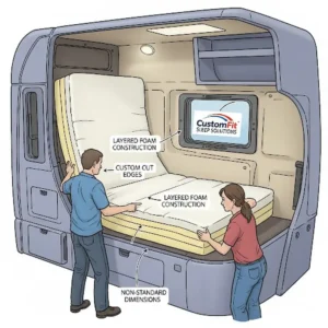 An illustration of a custom-fit mattress being installed in a uniquely shaped semi truck sleeper berth, showing how to solve for non-standard semi truck mattress sizes. 