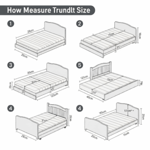 A step-by-step diagram showing how to accurately measure the interior of a trundle bed frame to determine the maximum trundle bed mattress size.