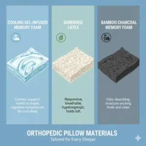 A graphic showcasing the different materials used in an orthopedic pillow for all sleeping positions, such as memory foam and gel-infused foam.