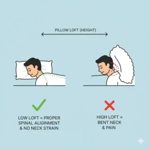 A diagram illustrating the concept of "pillow loft," or height, and how a low loft is crucial for minimizing neck strain for stomach sleepers. 