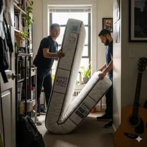 "An image of a short king mattress being delivered, showing how it can be easily maneuvered into smaller spaces."