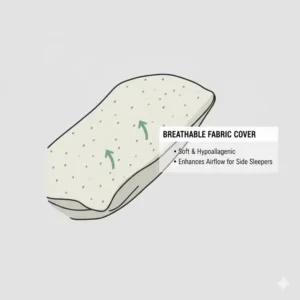 Close-up texture of a soft, breathable cover on a natural best latex pillow for side sleepers, enhancing comfort and promoting airflow. 