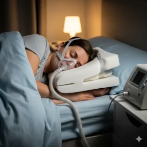 An image of a side sleeper using a CPAP machine with a specialized pillow that has cutouts to accommodate the mask and prevent pressure on the ear. 