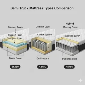 A comparison of different mattress types available for semi trucks, including foam, innerspring, and hybrid mattresses, each with varying semi truck mattress size options. 