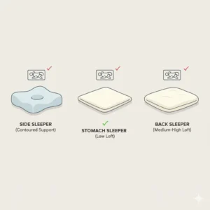 An image showcasing a variety of pillows, including a specific thin, soft one for stomach sleepers, along with others for side and back sleepers.