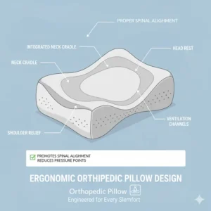 A cross-section view of an ergonomic orthopedic pillow for all sleeping positions, highlighting its unique contours for head and neck support.