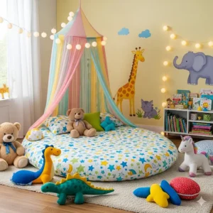 A brightly decorated child's room with a colorful round mattress on the floor, surrounded by soft toys and a canopy, creating a playful and safe sleeping area. 