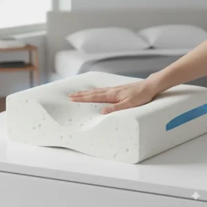 "A hand gently pressing into a cooling gel memory foam pillow, showcasing its ability to contour and adapt to individual head and neck shapes." 