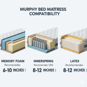An illustration of compatible mattress types for murphy beds, explaining how thickness and material affect the required murphy bed mattress dimensions.