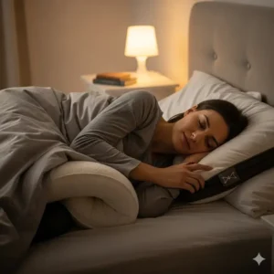 A person sleeping on their side with a pillow placed between their knees to improve spinal alignment and alleviate pressure, complementing the best pillow for side sleepers with shoulder pain.