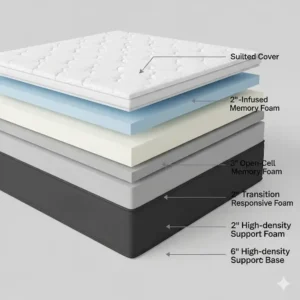 "A diagram illustrating the internal layers of a memory foam short king mattress, detailing its construction."