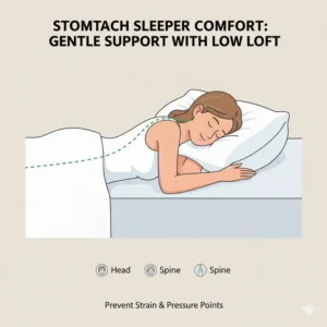 Image of a thin, low-loft pillow providing gentle comfort for a stomach sleeper, often part of a best pillow for combination sleepers routine. 