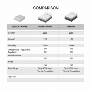 A comparison chart detailing the differences between memory foam, innerspring, and hybrid mattresses suitable for a trundle bed. The chart also includes a section on the proper trundle bed mattress size for each type.
