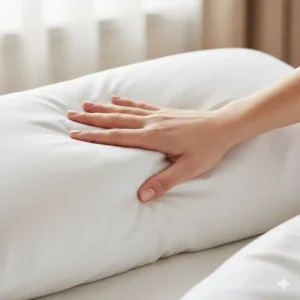 A hand gently pressing into a plush best goose down pillow luxury hotel style.