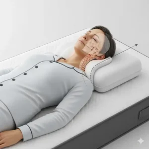An illustration of a person sleeping on their back with the correct posture, demonstrating how the pillow fills the gap between the neck and mattress. 