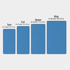 Side-by-side comparison of different mattress sizes to help visualize the murphy bed mattress dimensions. 