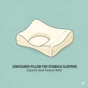 A picture of a uniquely shaped, contoured pillow that offers ergonomic support for stomach sleepers to relieve neck pressure. 