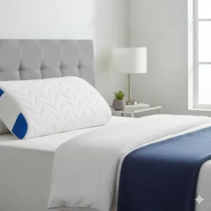 "A cooling gel memory foam pillow displayed neatly on a bed in a modern, well-lit bedroom, emphasizing its aesthetic appeal." 