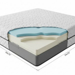 A cutaway view of a memory foam mattress, illustrating the multiple foam layers and breathable cover of a 54x75 mattress.
