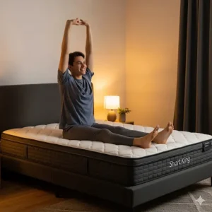 "A person stretching out on a short king mattress to show its suitability for taller people."