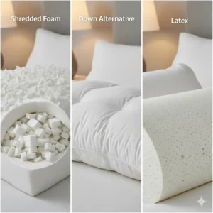 An image collage of different pillow materials like shredded foam, down alternative, and latex, each suitable for side sleepers, helping in the search for the best pillow for side sleepers with shoulder pain.
