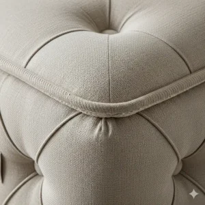 A close-up shot of the tufted corner of a round mattress, showing the high-quality stitching and fabric texture. 