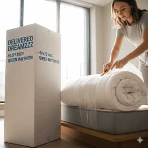 A 54x75 mattress in a box, a convenient option for delivery and setup, showing the mattress being unboxed and expanding.