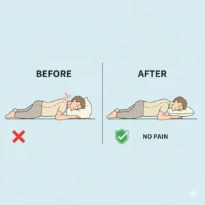 A "before and after" graphic showing a person with a bent neck on a bad pillow and then a straight, aligned neck on the best pillow for a stomach sleeper with neck pain.