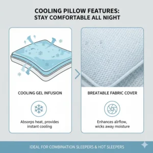 Illustration showcasing a pillow with cooling gel or breathable fabric, a beneficial feature for the best pillow for combination sleepers who tend to overheat.