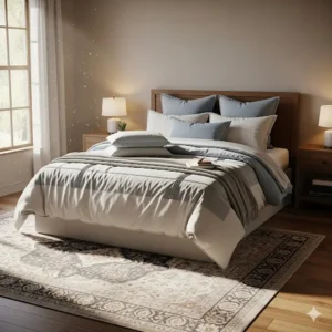 "A well-lit bedroom with a fully made-up short king mattress, suggesting a cozy and inviting atmosphere."