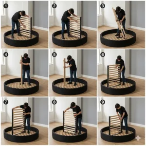 A step-by-step image of a person assembling a circular bed frame designed specifically for a round mattress, offering a do-it-yourself guide.