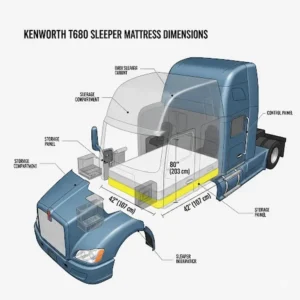 An illustration highlighting the dimensions of the mattress area in a Kenworth T680 truck, a common semi truck model with a specific semi truck mattress size requirement.