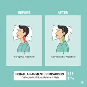 A before-and-after comparison showing the improved spinal alignment achieved with an orthopedic pillow for all sleeping positions.