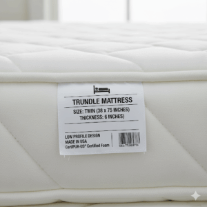 A close-up image of a mattress label that specifies its dimensions, reminding consumers to check the exact trundle bed mattress size before purchasing.