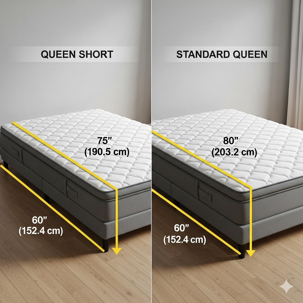 A visual comparison showing the dimensions of a queen short mattress size next to a standard queen mattress.