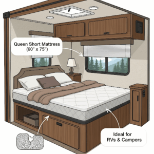 An illustration of a queen short mattress size inside an RV bedroom, highlighting its use in recreational vehicles and campers.