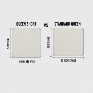 A side-by-side graphic comparing the length and width of a queen short mattress size (75 inches long) to a standard queen mattress (80 inches long).