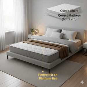 An image of a queen short mattress size on a platform bed, showing how it fits on a smaller bed frame.