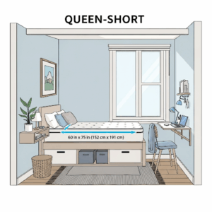  An illustration showing how a queen short mattress size fits perfectly in a small bedroom or apartment, optimizing space.