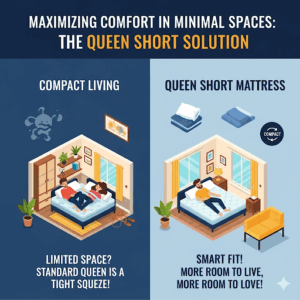  A graphic highlighting the comfort and space-saving benefits of a queen short mattress size for couples in compact living spaces.