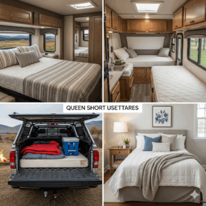 A visual summary of the common uses for a queen short mattress size, such as in RVs, campers, trucks, and small guest rooms.